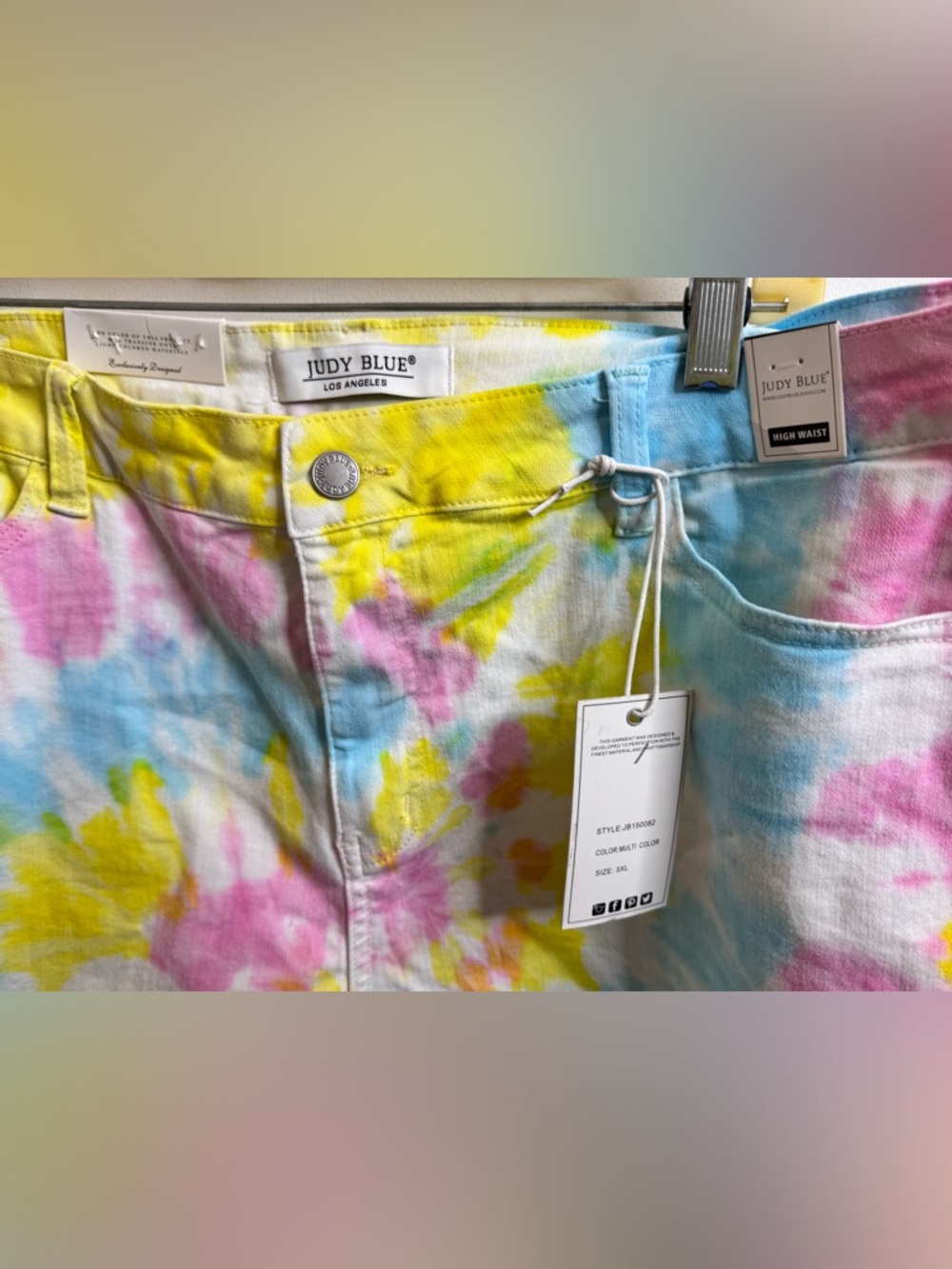 Judy Blue Pastel Tie-Dye High Rise Denim Shorts - Blue, Pink, Yellow - Picture 2 of 3